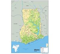 Physical Map of Ghana - Size A2-59.4 x 42cm - Paper Laminated
