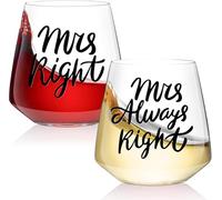 Physkoa Funny Lesbian Wine Glasses - Mrs & Mrs Stemless Wine Glass Set - “Mrs Right” & “Mrs Always Right” - Wedding, Engagement, or Anniversary Gift for Lesbian Couples, 15 oz