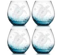 Physkoa Sea Turtle Stemless Wine Glasses-13.5oz Hand blown Stemless Wine Glasses set of 4 - Crackle teal design turtle wine glasses-Sea turtle lovers Gifts for Birthday(White)
