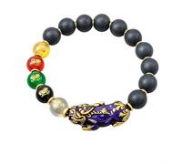 Pi Xiu Feng Shui Stretch Bracelet, Matte Black Beads, Five Fortune Accents, Gold Spacers, Red Box & Wealth Gods Card Gift Set(12mm)