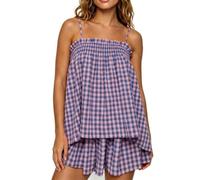 Piallann Two Piece Gingham Set Y2k Plaid Ruffle Lounge Set (Purple, S)