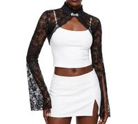 Piallann Women Lace Long Sleeve Bolero Shrug Goth Short Cardigan Top | Victorian Floral Lace Mesh Shawl, Long Bell Sleeve Shrug Crop Top, Vampire, Witch, Halloween Costume