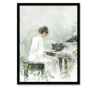 Pianist Playing Piano Misty Forest Watercolour Framed Art Print Artery8 Green A4