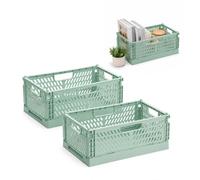 PIANKEKE 2 Pcs Collapsible Storage Box Green, Plastic Stackable Folding Storage Crates with Handles, Foldable Storage Baskets for Office Kitchen Bathroom Desktop, 12 x 7.87 x 4.53 Inch