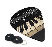 Piano Keys with Musical Note Printed Guitar Picks, 6 Pack with Leather Keychain Pick Holder - 0.46mm, 0.71mm, 0.96mm Assorted Thickness for Acoustic Ukulele, Electric Guitar, Acoustic Guitar, Bass