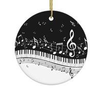 Piano Keys With Musical Notes Christmas Ceramic Ornament,Double-Sided Printed Round Bauble With Gold String,Unique Dual-Face Design For Xmas Tree Home Festive Decor