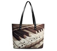 Piano Keys With Musical Notes Leather Tote Bag for Women Work Shoulder Purses with Zipper Waterproof Large Computer Shoulder Bag Fashion Ladies Shoulder Handbag Reusable Shopping Bags