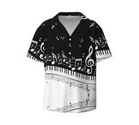 Piano Keys with Musical Notes Men's Hawaiian Shirt Short Sleeves Button Down Summer Beach Casual Shirts Black