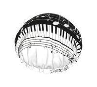 Piano Keys With Musical Notes Print Reusable Bath Shower Caps For Women Long Hair,Double Layer Bathing Shower Hat