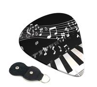 Piano Keys with Musical Notes Printed Guitar Picks, 6 Pack with Leather Keychain Pick Holder - 0.46mm, 0.71mm, 0.96mm Assorted Thickness for Acoustic Ukulele, Electric Guitar, Acoustic Guitar, Bass