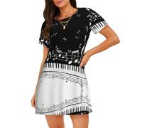 Piano Keys with Musical Notes Womens Summer Nightgown Soft Sleepwear Adult Sleepshirt Sleep Dress Short Sleeve Nightdress Black