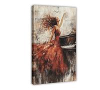 Piano Music Dancing Dreaming Vibrant Red Dress Poster Canvas Poster Wall Art Decor Print Picture Paintings for Living Room Bedroom Decoration 12x18inch(30x45cm)