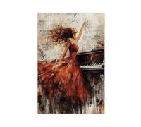 Piano Music Dancing Dreaming Vibrant Red Dress Poster Canvas Poster Wall Art Decor Print Picture Paintings for Living Room Bedroom Decoration 08x12inch(20x30cm)
