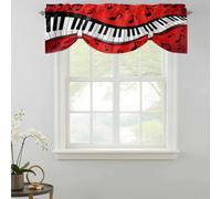 Piano Music Note Tie Up Valances Curtain, Abstract Black White Piano Keys Modern Musical Note Red Adjustable Rod Pocket Short Window Treatment Tie Up Curtains Valances for Kitchen Bathroom 42x12 Inch