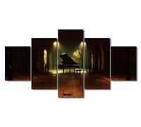 Piano Music Poster Canvas Wall Art Painting 5 Panels Grand Piano in the Street of the City at Night with Street Lamps Pictures for Bedroom Wall Decor Ready to Hang 60"Wx32"H