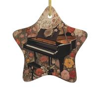 Piano surrounded by flowers Print Christmas Tree Ceramic Hanging Ornaments â€“ Star Shaped Xmas Decorations, Home Party Decor