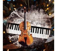 Piano Violin Music Notes Ceramic Christmas Ornaments - 2 Pcs Rustic Round Xma Tree Decor with Hanging String, Personalized Vintage Double-Sided Holiday Party Decorations for Xmas Gifts
