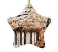 Piano Violin Music Notes Printed Christmas Tree Ceramic Hanging Ornaments with Hanging Strings, Star-Shape Ceramic Wall Hanging Xmas Tree Decorations