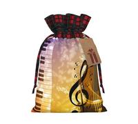 Piano Violin Music Notes Printing Cute Color Matching Plaid Christmas Bag Drawstring Design For Christmas Party Gift Packaging