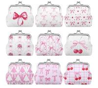 PIAOPIAONIU 9 Pcs Pink Bow Coin Purse Bulk for Women Mini Kiss Lock Change Purses Inspirational Vintage Cute Travel Pouches Wallet Bag for Ladies Mother Teacher Colleague Gifts