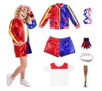 Piashow Quinn Costume for Kids, 7 Pcs Girls Fancy Dress Outfits set Include Jacket T-shirt, Shorts and Glove, Harley Villain Costume for Carnival Halloween Cosplay Fancy Dress
