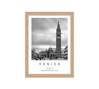 Piazza San Marco Travel Print Venice Wall art Black and white Poster A4 Print in Oak Effect frame 24.5 X 33cm (9.6x13inch)