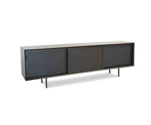 PIB Large black wood sideboard, Scandinavian style, 220x45x69 cm, original caning design