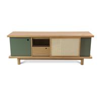 PIB Oak buffet, Scandinavian style, 160x45x60cm, ideal for TV or dishware, green doors, rattan caning surface
