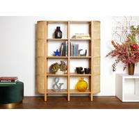 PIB Solid beech and rattan beige shelf, Scandinavian style, 130x36x162 cm, for natural and elegant storage