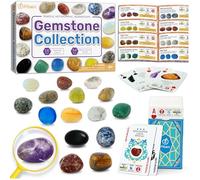 PIBEX Gemstone Collection - 16 PCS Polished Gems & Crystals (1-Inch / 2-3 cm), STEM Geology Kit with Guidebook, 54 ID Cards & Transparent Display Case, Rock Science Gift for Kids Ages 6+