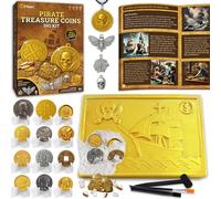 PIBEX Pirate Treasure Coins Dig Kit, 16+ Ancient Metal Coins & Skull Charms | Excavate Coin Replicas with Stands, Fool's Gold, Necklace Making, Collector Kit, STEM Treasure Hunt Toy for Kids Ages 6+