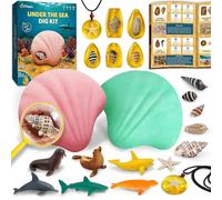 PIBEX Under-the-Sea Dig Kit - Dig & Discover 18 Real Shell Fossils, Amber Jewelry & Sea Animal Creatures - Ocean Necklace Making & STEM Excavation Activity Toy for Kids Ages 6+