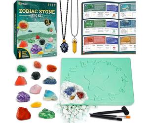 PIBEX Zodiac Stone Dig Kit, 12 Real Gems & Crystals, Topaz Necklace Pendant | Excavate Zodiac Crystals, Aries to Pisces, Birthstone Collection, Dig & Make Jewelry, Astrology Geology Gift for Kids Ages 6+
