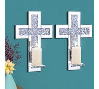 Pibeyer Crystal Crush Diamond Candle Holder Set of 2, Rectangle Silver Mirrored Candle Sconces, Wall Decorations for Living Room, Dining Room (Cross)