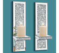 Pibeyer Set of 2 Crystal Crushed Diamond Wall Candle Holder Silver Mirror Candle Sconce Home Wall Decor for Living Room Dining Room Bedroom