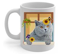 PIBONTO Sunflower Blue British Shorthair Cat Portrait Window Coffee Mug 11oz White Kitten Owners Gift