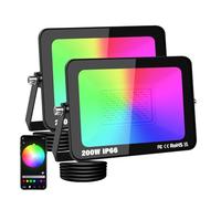 PICAA 200W Smart RGB LED Floodlight, 20000LM Outdoor +16 Million Colors, Wireless APP Control, Music Sync, Timer, Scene Modes, IP66 Waterproof, Disco Party Garden Lighting with UK Plug (2 Pack)