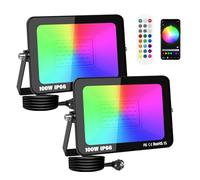 PICAA 2X Smart 100W RGB LED Floodlight,Dimmable Colour Changing Flood Light | APP Remote Control, 3ft Cord Plug, IP66, Outdoor Work Lamp, for Garden Party Stage Decorations