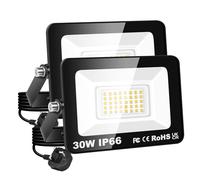 PICAA 30W LED Flood Light, IP66 Waterproof Super Bright 3000LM Security Light, 3000K Warm White Outdoor Wall Light for Garden Yard Garage Patio Warehouse with UK Plug (2PCS)