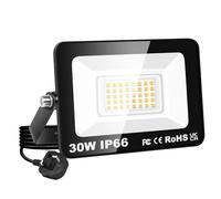PICAA 30W LED Flood Light, IP66 Waterproof Super Bright 3000LM Security Light, 3000K Warm White Outdoor Wall Light for Garden Yard Garage Patio Warehouse with UK Plug (1PCS)