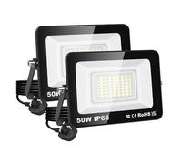 PICAA 50W LED Flood Light, IP66 Waterproof Super Bright 5000LM Security Light, 6500K Cold White Outdoor Wall Light for Garden Yard Garage Patio Warehouse with UK Plug (2PCS)