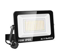 PICAA 75W LED Flood Light, IP66 Waterproof Super Bright 7500LM Security Light, 3000K Warm White Outdoor Wall Light for Garden Yard Garage Patio Warehouse with UK Plug (1PCS)