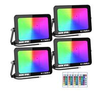 PICAA LED Floodlight Outdoor Security Light,100W RGB Colour Changing Flood Lights with Remote Control IP66 Waterproof Dimmable Flood Lights Wall Light for Garden Party Stage(4 Pack)