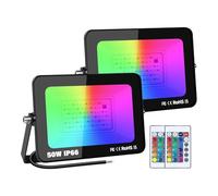 PICAA LED Floodlight Outdoor Security Light,50W RGB Colour Changing Flood Lights with Remote Control IP66 Waterproof Dimmable Flood Lights Wall Light for Garden Party Stage(2 Pack)