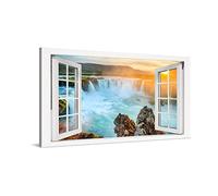 PICANOVA - Canvas Print 100x50 cm - Canvas Art Print Wall Art - Wall Decor Picture Stretched on Wooden Frame - Iceland Godafoss Window Waterfalls Collection