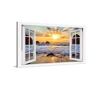 PICANOVA - Canvas Print 100x50 cm - Canvas Art Print Wall Art - Wall Decor Picture Stretched on Wooden Frame - Sunset Over Rocky Beach Window Beaches Collection