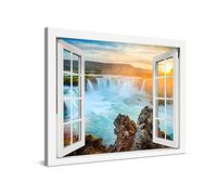 PICANOVA - Canvas Print 100x75 cm - Canvas Art Print Wall Art - Wall Decor Picture Stretched on Wooden Frame - Iceland Godafoss Window Waterfalls Collection