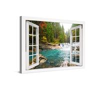 PICANOVA - Canvas Print 120x80 cm - Canvas Art Print Wall Art - Wall Decor Picture Stretched on Wooden Frame - Forest River Waterfall Window Forest Collection