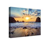 PICANOVA - Canvas Print 40x30 cm - Canvas Art Print Wall Art - Wall Decor Picture Stretched on Wooden Frame - Sunset Over Rocky Beach Beaches Collection