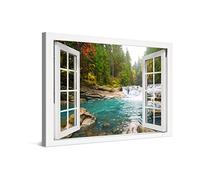 PICANOVA - Canvas Print 60x40 cm - Canvas Art Print Wall Art - Wall Decor Picture Stretched on Wooden Frame - Forest River Waterfall Window Forest Collection